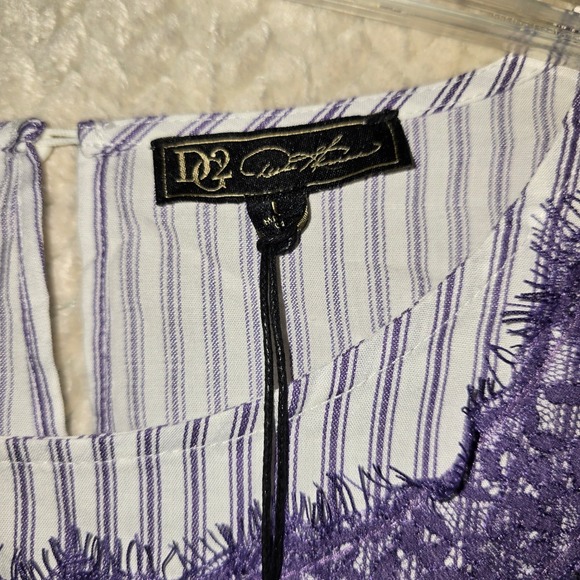 DG2 Diane‎ Gilman Purple Stripe Lace Trim Blouse Top Bell Sleeve Large New NWT - Picture 2 of 8